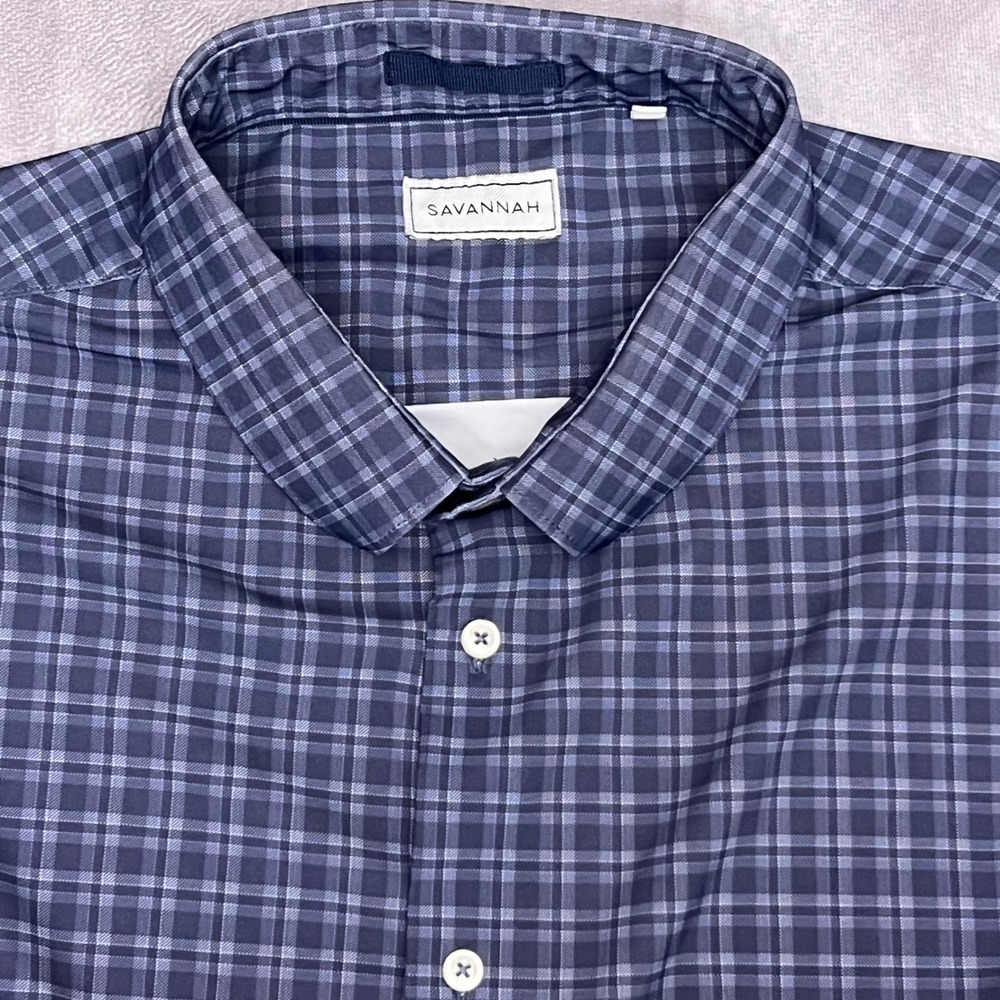 Savannah Button Down Shirt Mens XL Blue Plaid Excellent Stretch Performance XL